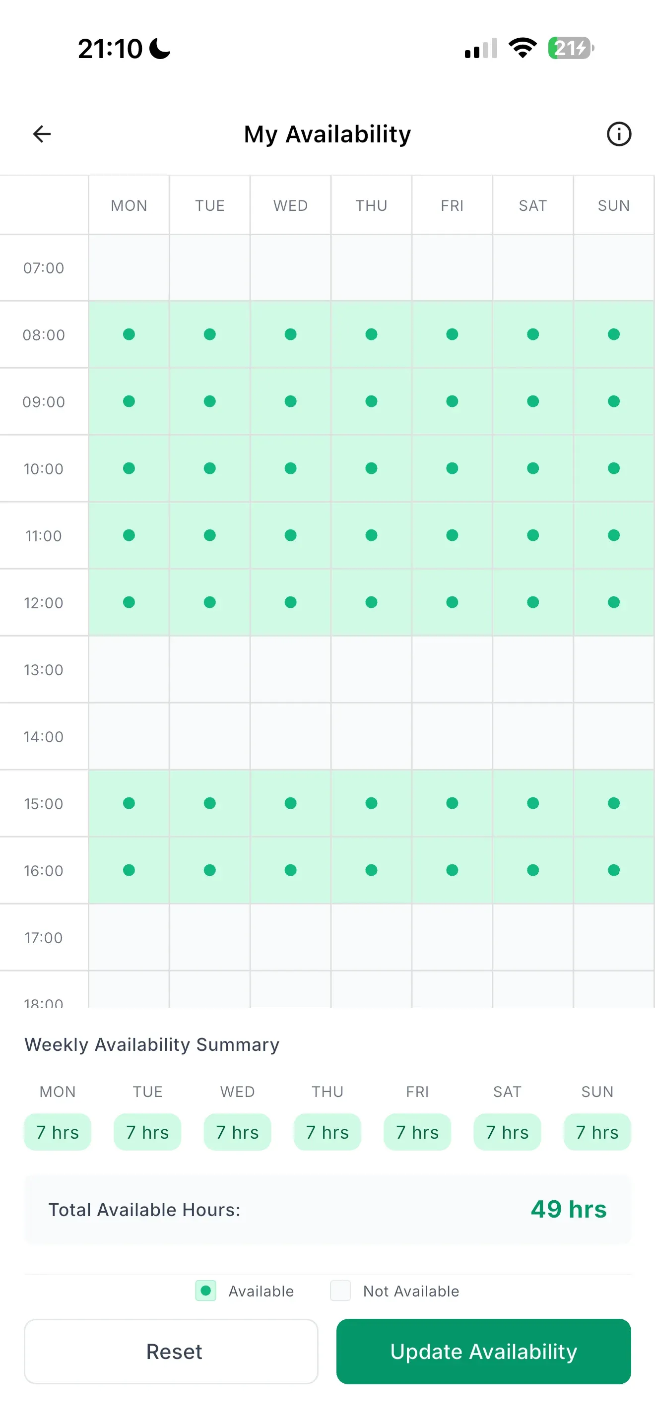 Tennis Coach Availability Settings