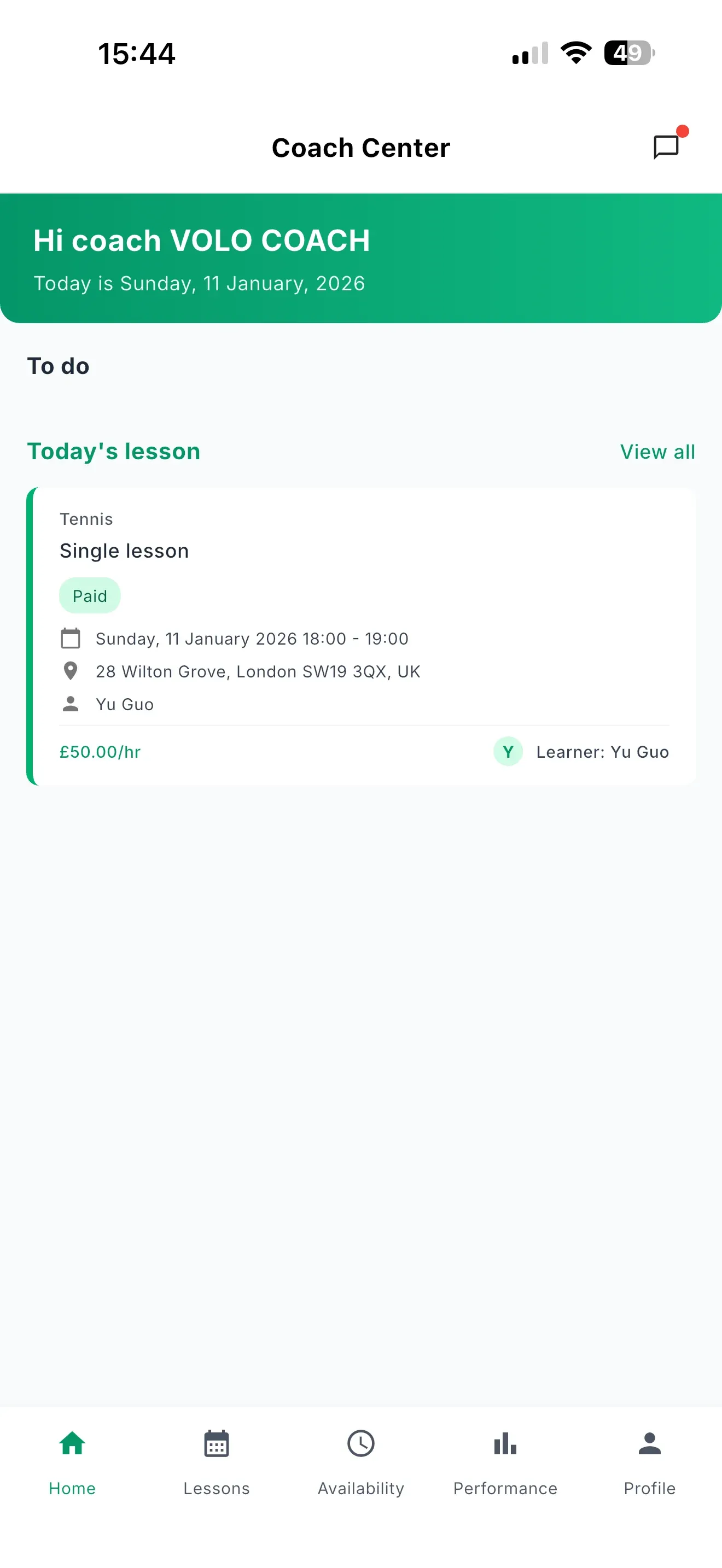 volocoach App homepage showing a coach's schedule
