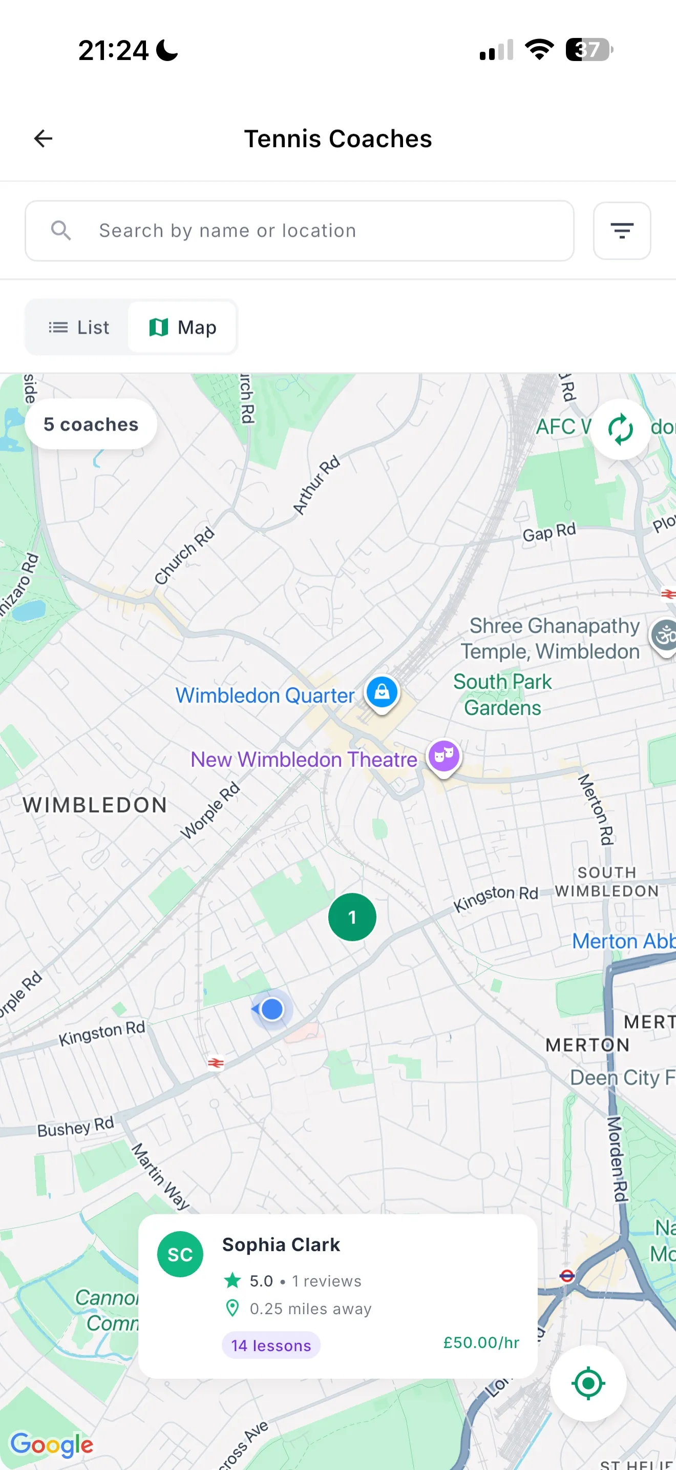 Find Coach via Location