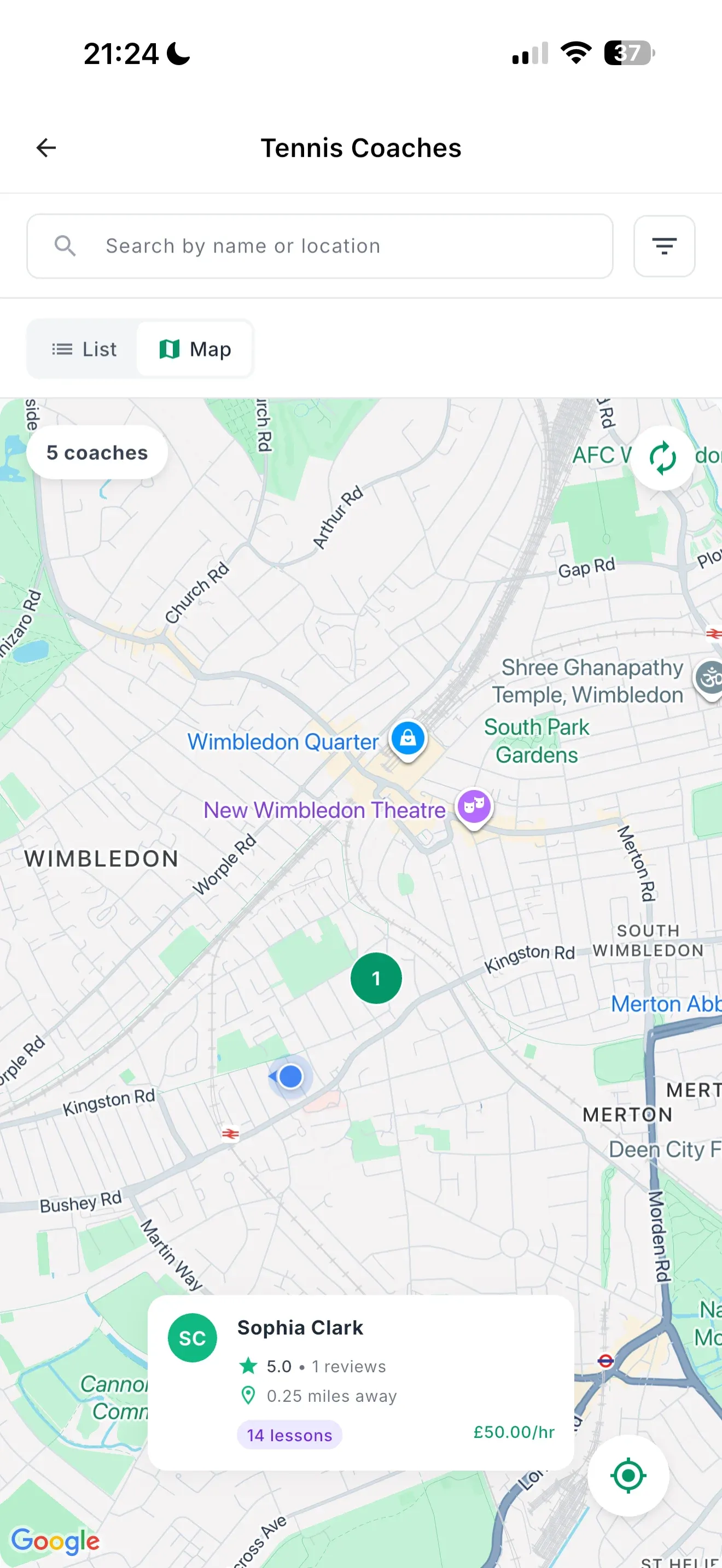 Find Coach via Location