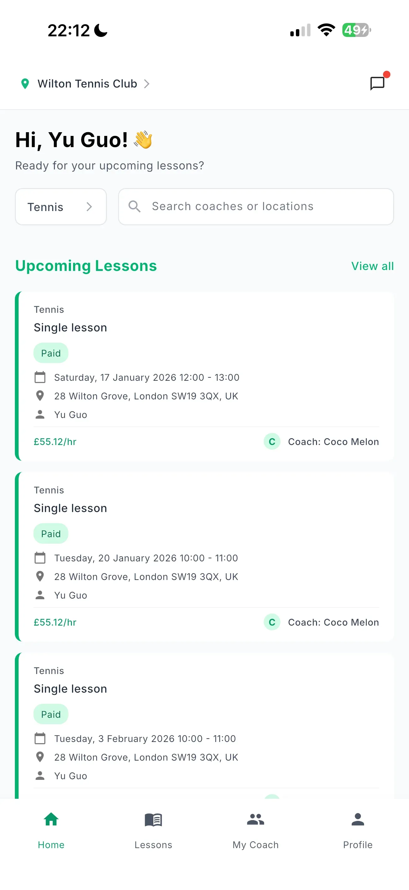 volocoach App Interface for Learners - Booking Sports Lessons