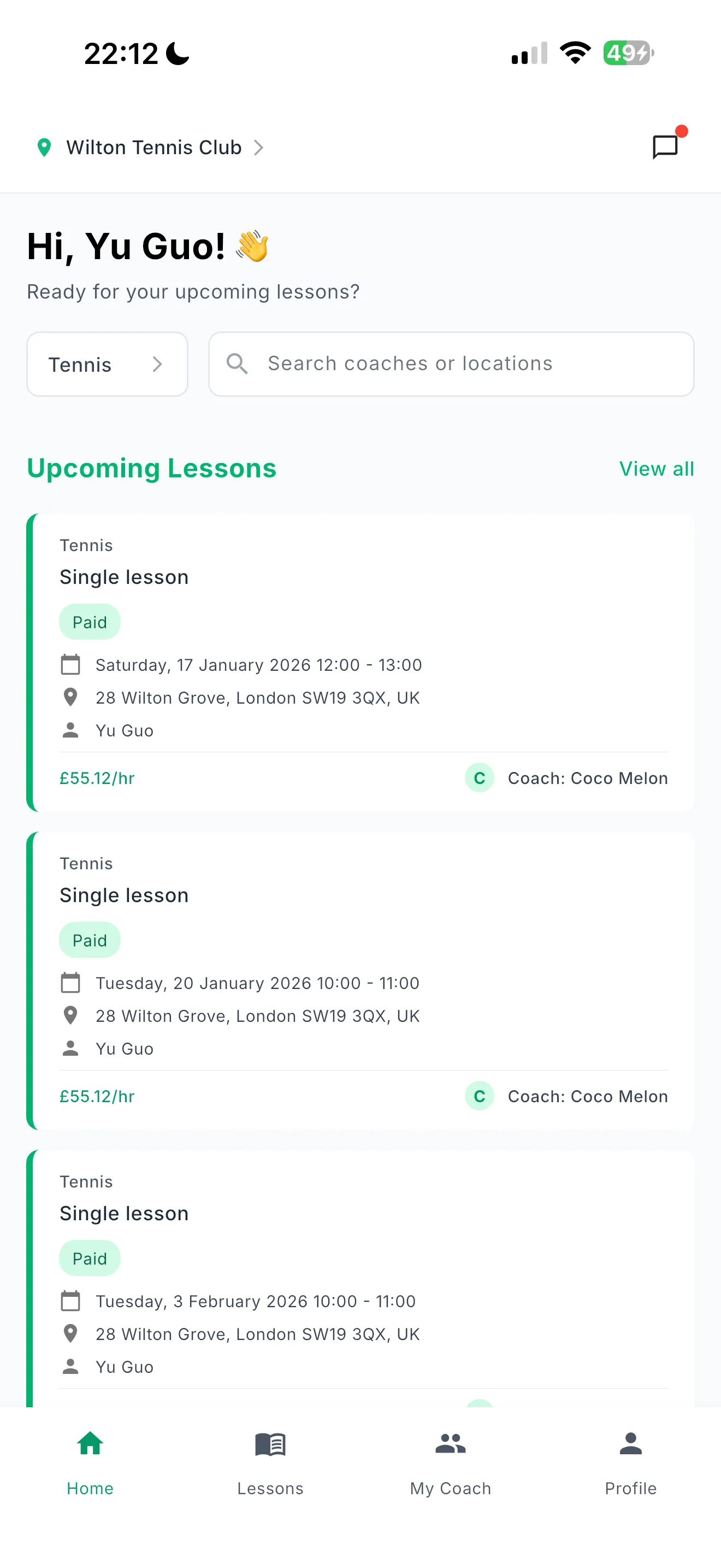 volocoach App Interface for Learners - Booking Sports Lessons